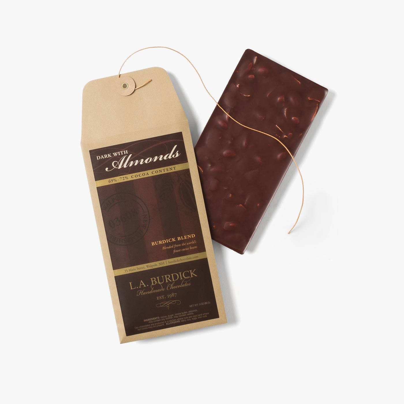 Dark Chocolate Candy Bar w/almonds. Indulge in the depth and richness of our Burdick Blend Dark Chocolate Bar with savory roasted almonds.
